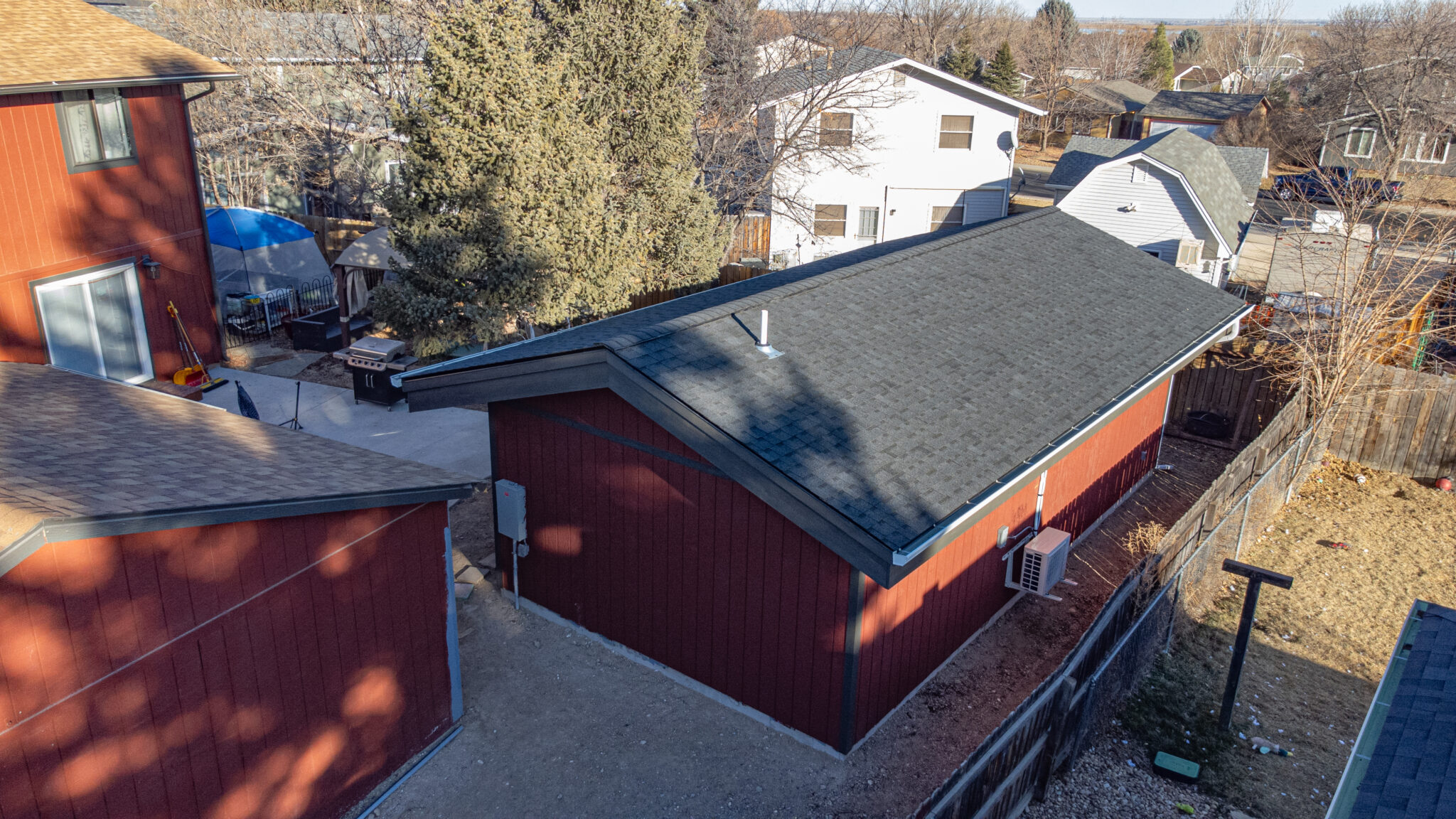 An overhead view of a Kiefer built home and accompanying shed